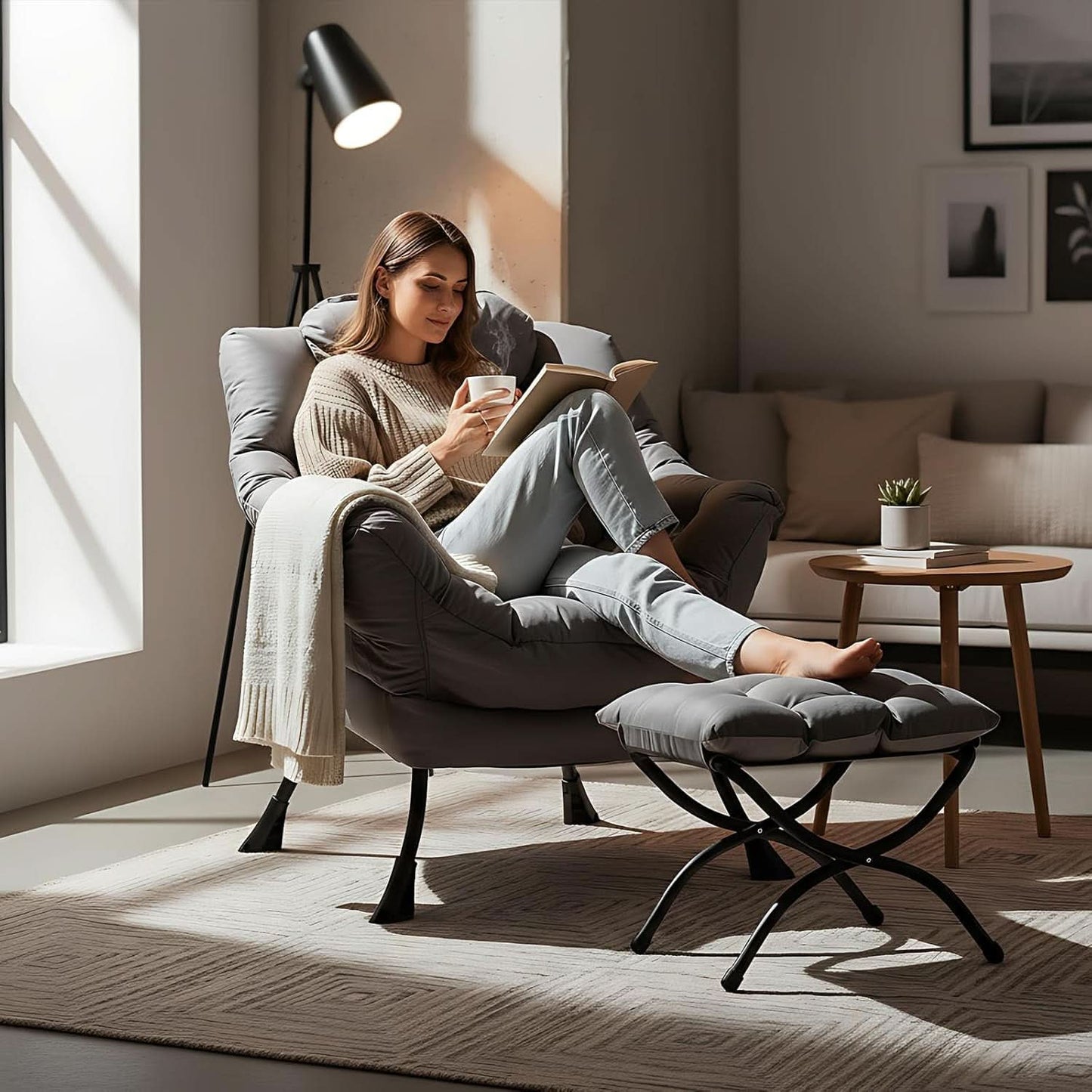 Dark Grey Lazy Chair With Ottoman Footrest And Side Pocket