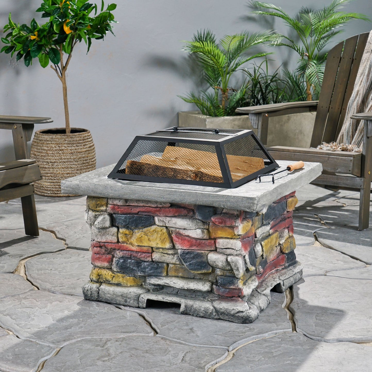 28' Outdoor Wood Burning Magnesium Oxide Fire Pit with Lid, Stone Gray