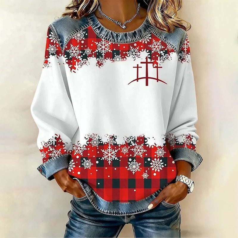 Womens Casual Floral Denim Patchwork Hoodie Top