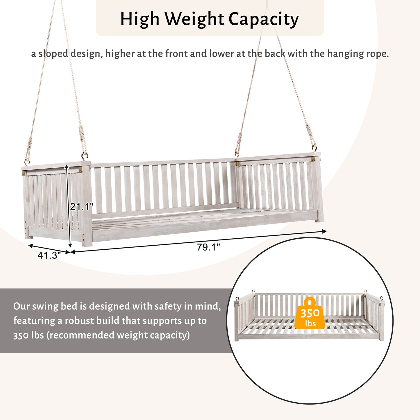 Outdoor Swing Bed Acacia Wood White Twin Size Minimalist 79.1x41.3 In 350 LB