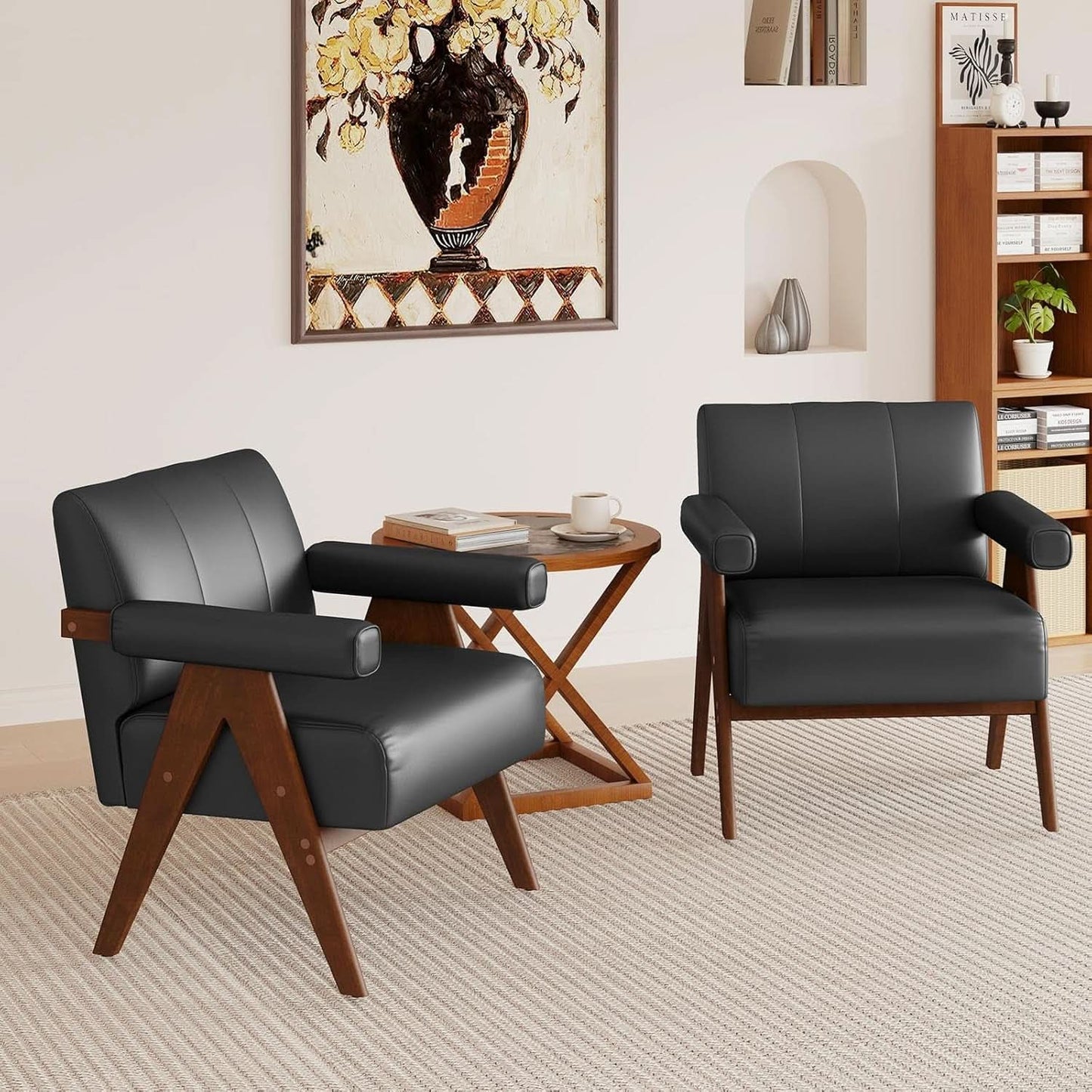 Mid Century Black Leather Upholstered Armchairs Pair