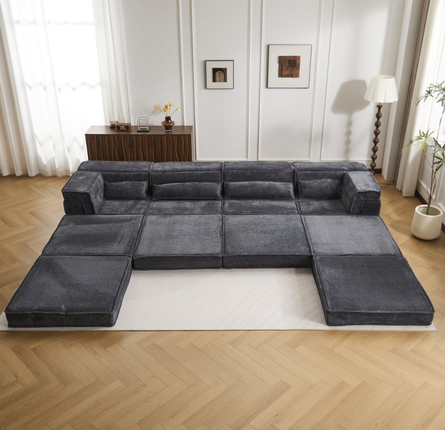 Sectional Sofa Modular Circle Fleece Dark Gray 4 Seat Ottoman 157 In