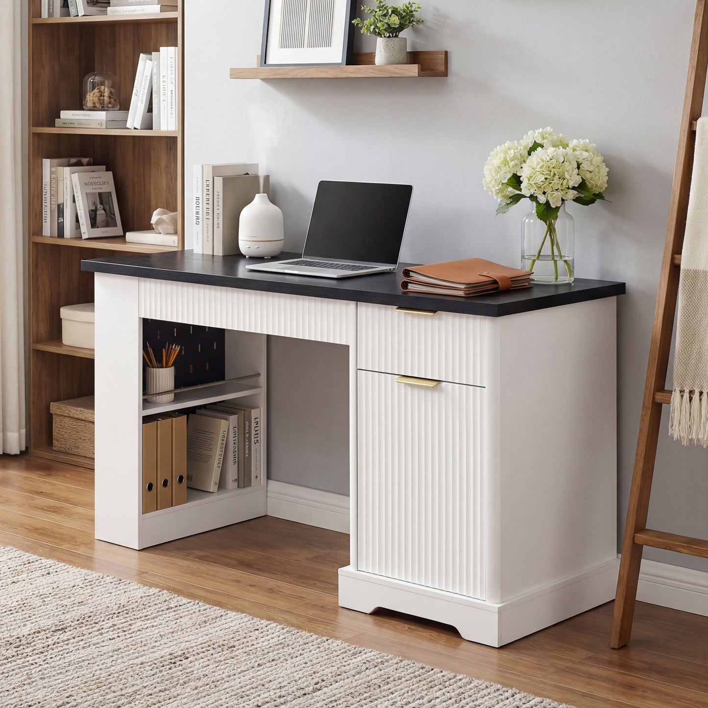 55' Modern Fluted Office Desk with Storage Cabinet and Drawers, Computer Writ...