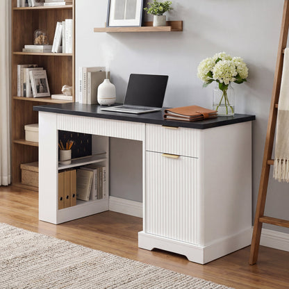 55' Modern Fluted Office Desk with Storage Cabinet and Drawers, Computer Writ...