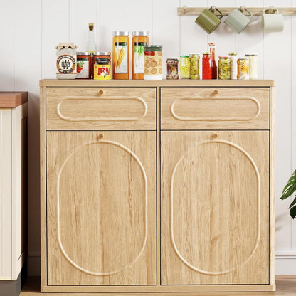 Giratree Tilt Out Trash Can Cabinet, Wood Kitchen Garbage Bin with Drawer, Fluted 10 Gallon Laundry Hamper Cabinet, Farmhouse Hidden Trash Can for Kitchen, Living Room