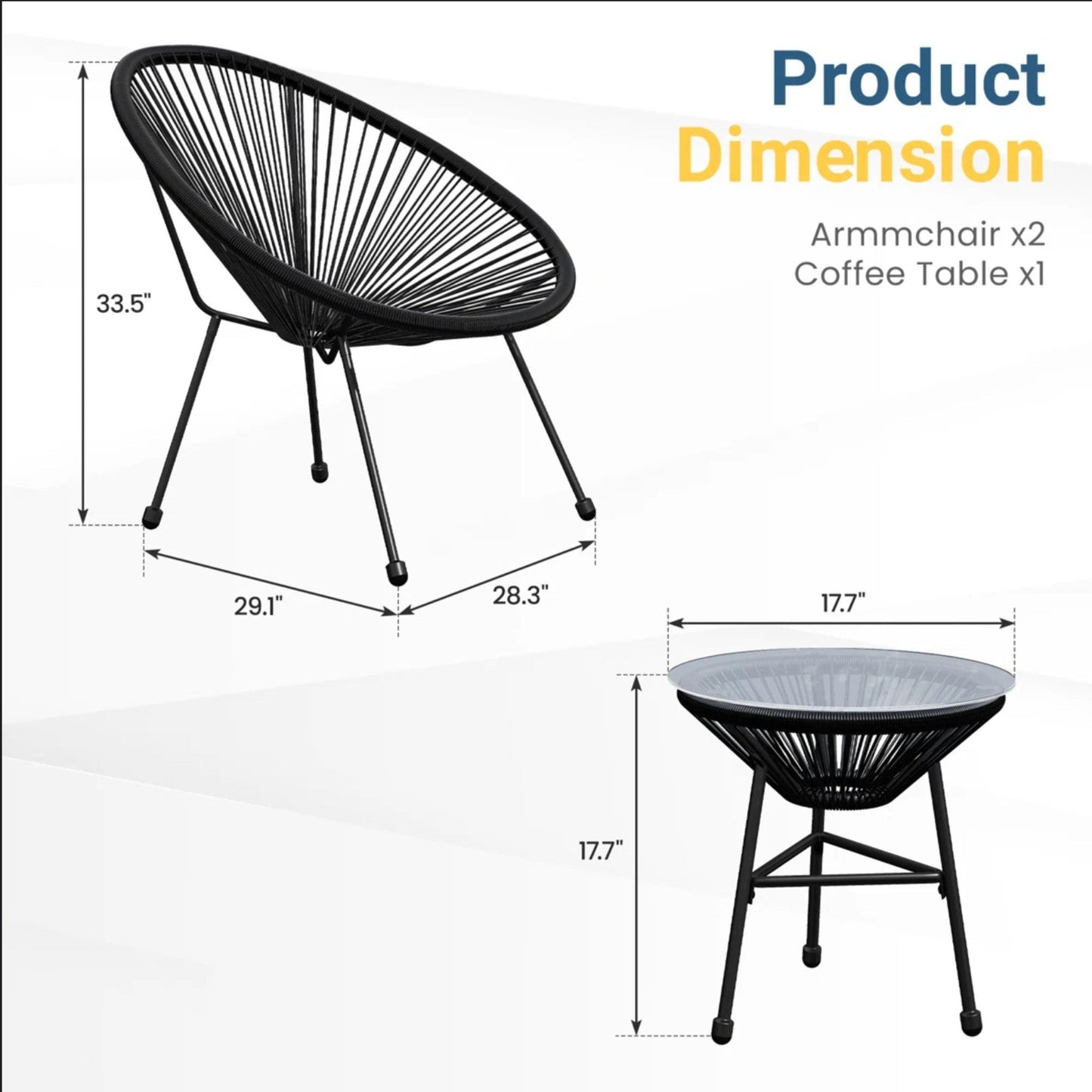 Outdoor Bistro Set PE Rattan Black Tempered Glass Table 3pc