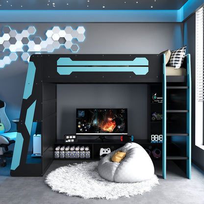 Twin Size Wood Loft Bed with Desk, Multi-storage Shelves and RGB Light, Cloud