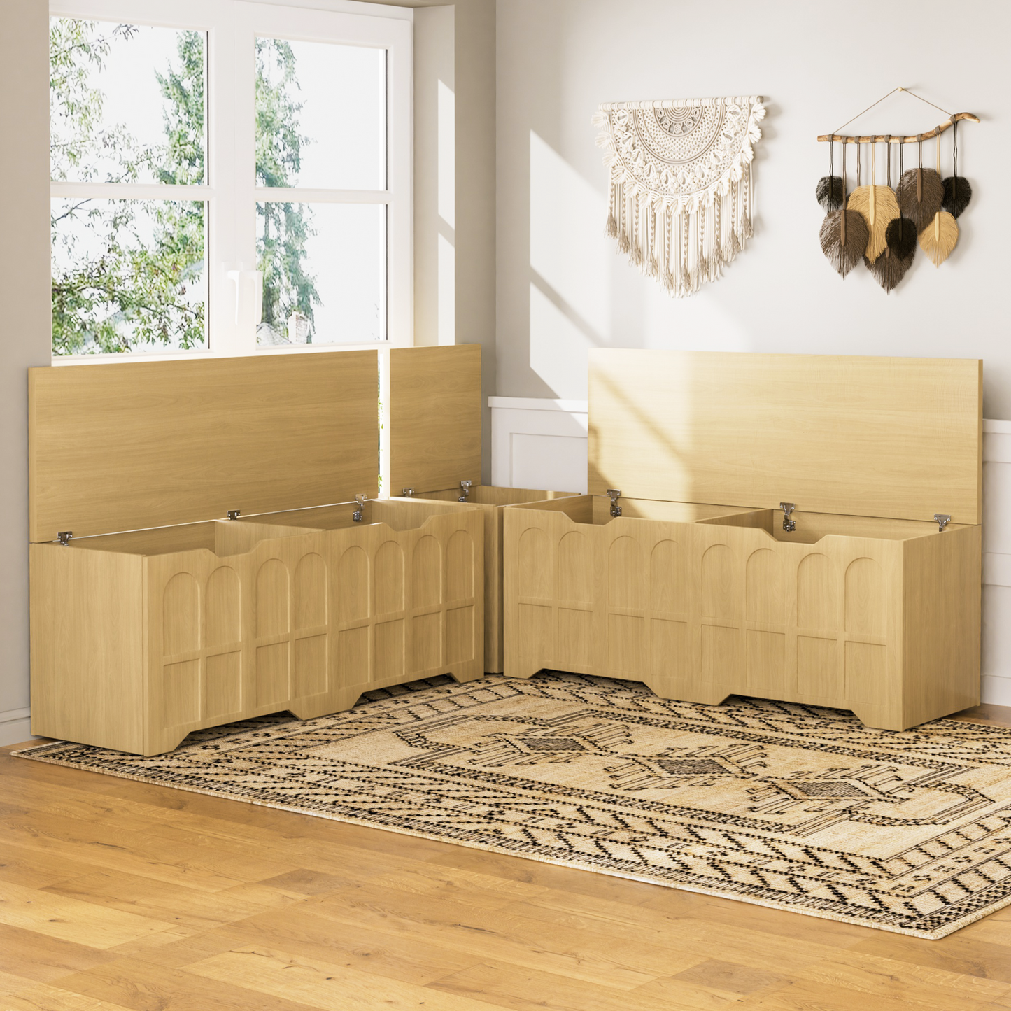 Storage Bench L-Shape 3 Piece MDF Natural Padded Seat 63x63x19 In 360 LB