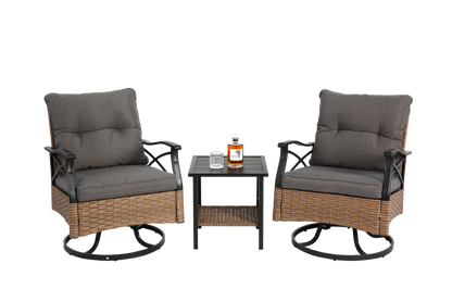 Outdoor Patio Set PE Rattan Steel Brown Swivel Rocker 3 Piece 350 LB