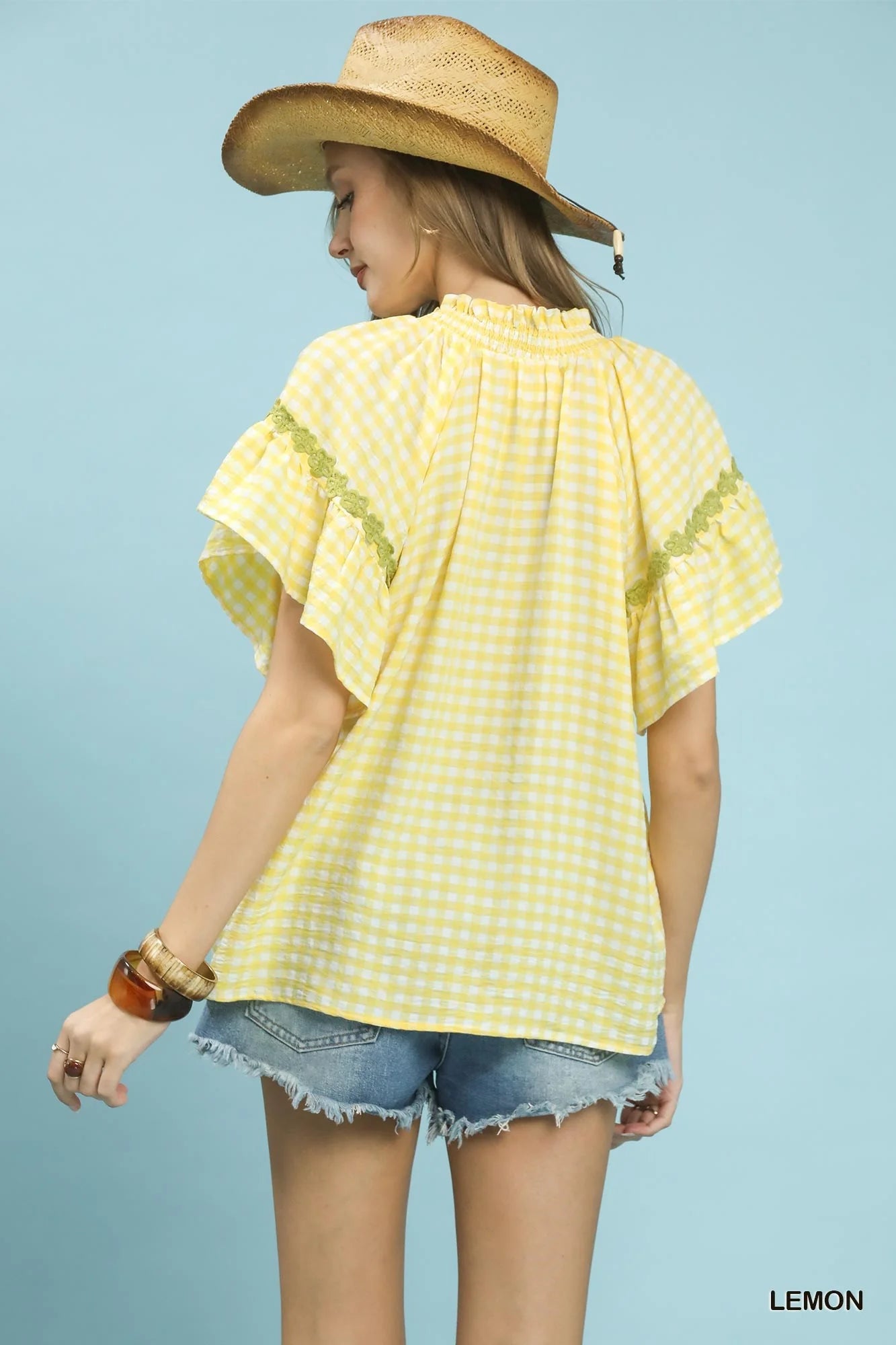 Umgee Gingham Lace Trim Top