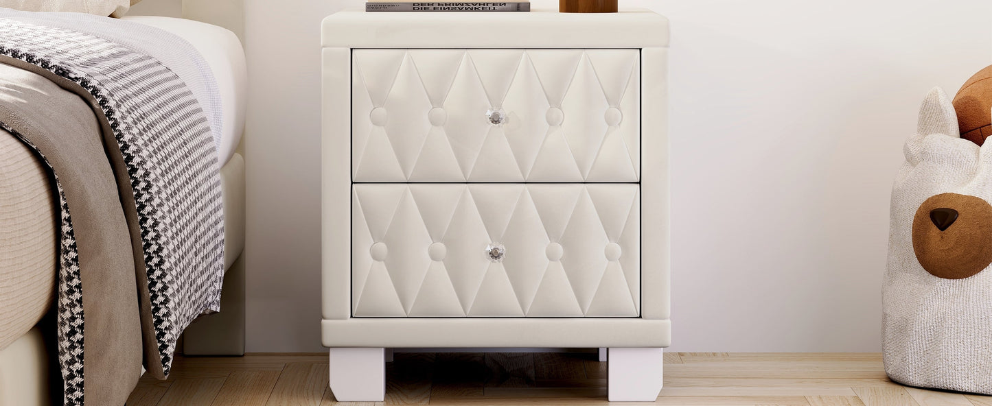 Velvet Nightstand with 2 Drawers, Crystal Handle, Button-Tufted, Beige