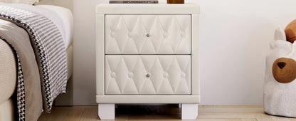 Velvet Nightstand with 2 Drawers, Crystal Handle, Button-Tufted, Beige