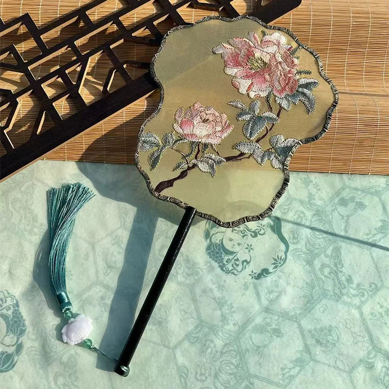 Ancient Style Fan Chinese Style Hanfu Dance Shooting Long Handled Embroidered Classical Double Sided Fan Female Decorative Fan
