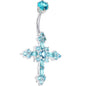 Sterling Silver 925 Aqua Cubic Zirconia CROSS Belly Ring