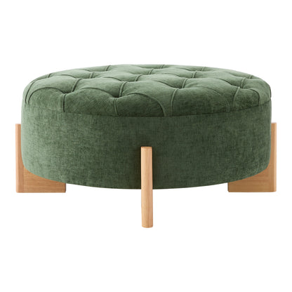32' Round Tufted Ottoman with Solid Wood Legs, Chenille Fabric Footrest