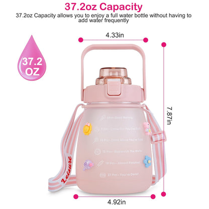Kawaii Water Bottle with Straw 37.2oz Large Capacity Portable Sports Bottle with Cute Three-Dimensional Stickers