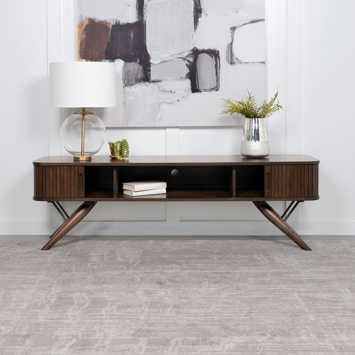Valna Wood 71-inch TV Stand with Sliding Doors Walnut