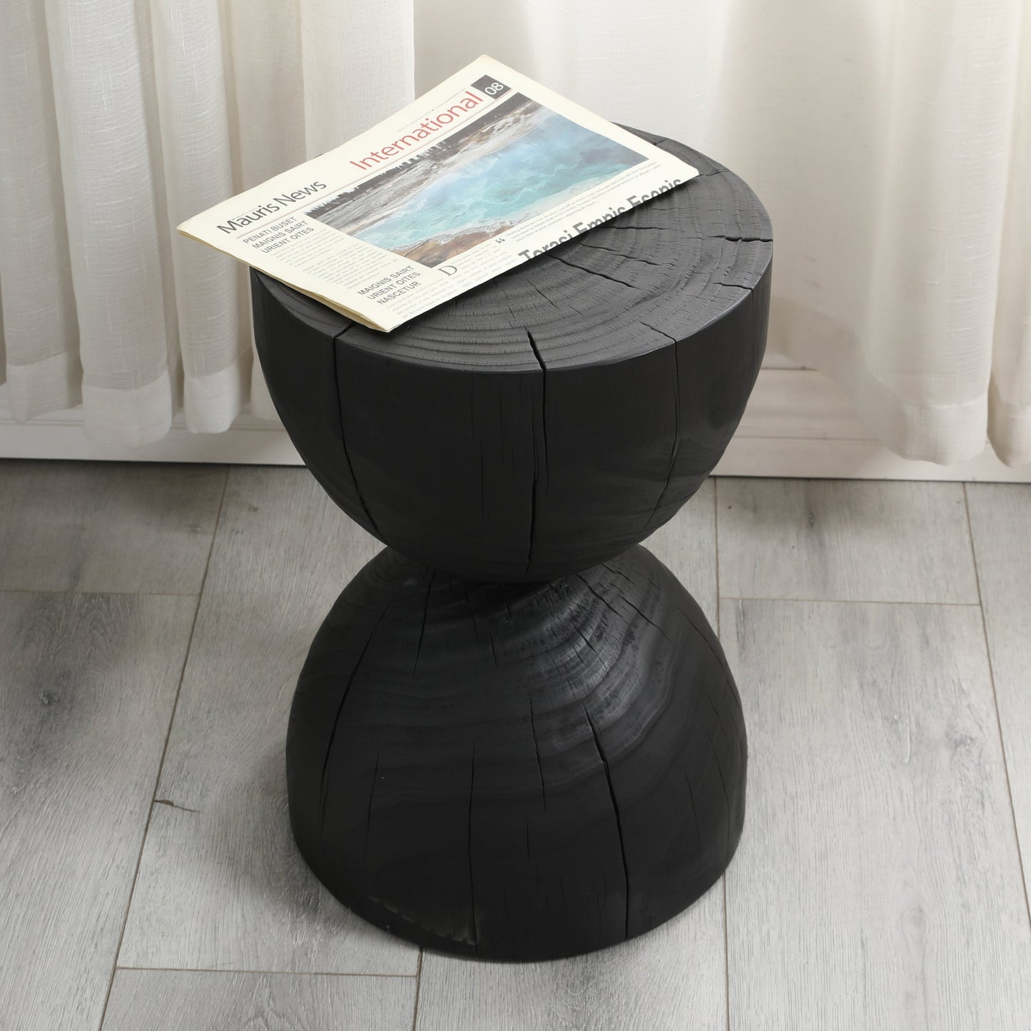 Solid Mango Wood Round Side Table, 12.2x18.11 in, Black, Burnt Vintage Look