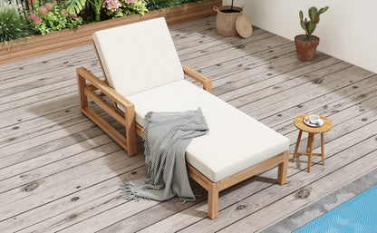 Outdoor Chaise Lounge Acacia Wood Light Teak Beige Cushion 5 Position 2