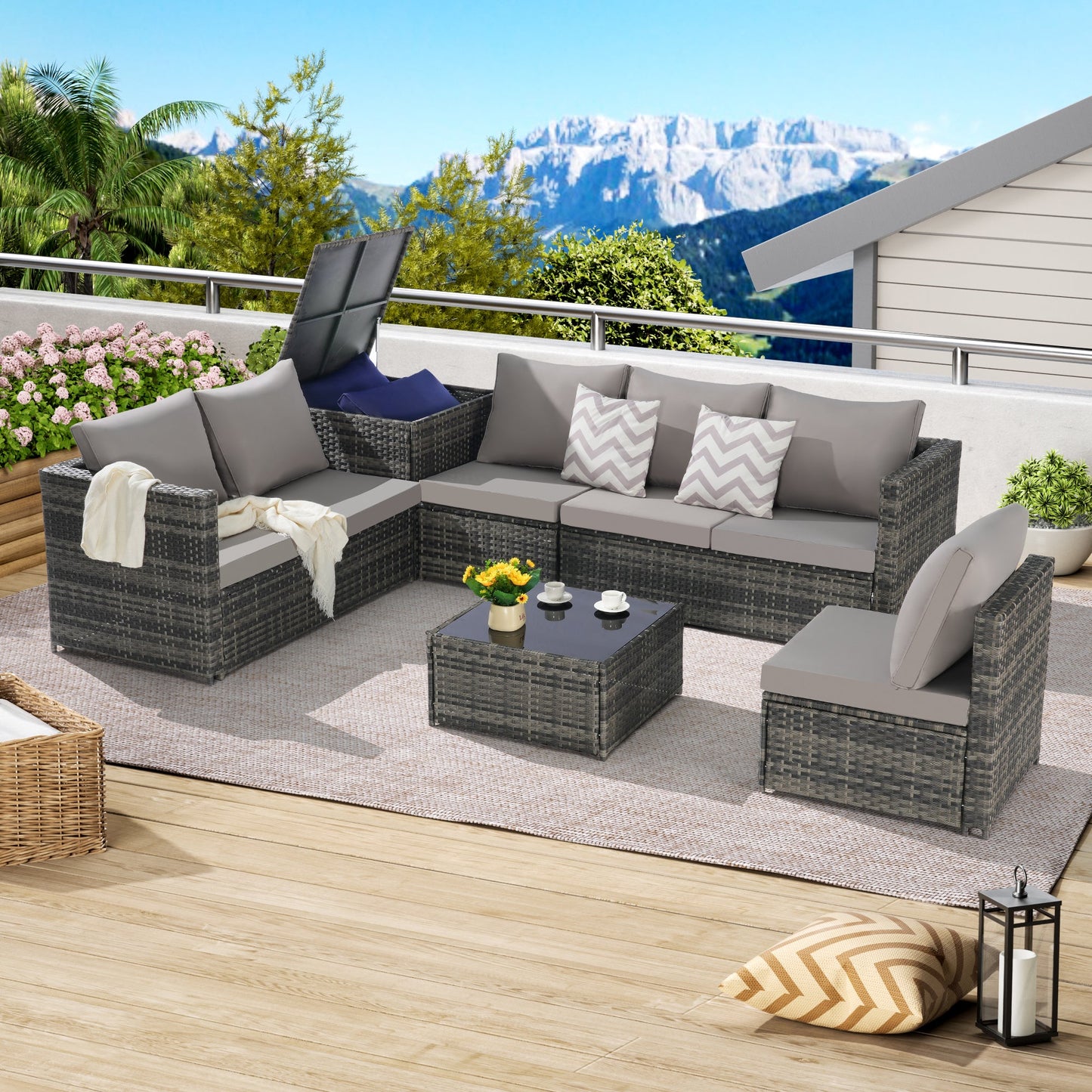 Outdoor Sectional Set PE Rattan 6 Piece L-Shape Gray