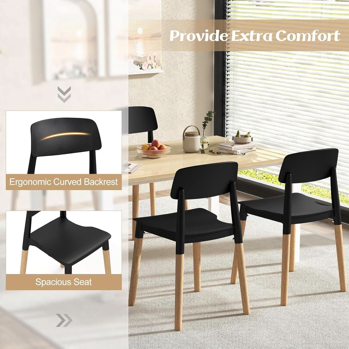 Wooden Dining Chairs Set of 4 Black Ergonomic Backrest