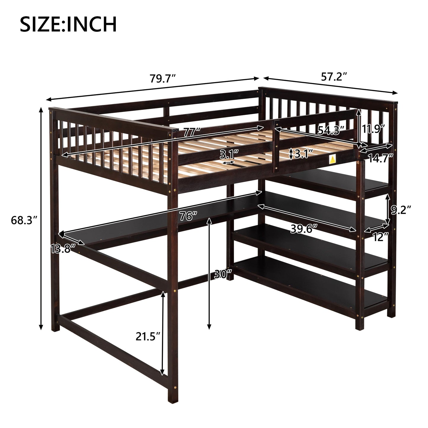 Espresso Full Size Loft Bed with Storage Shelves and Under-bed Desk, Solid Pi...
