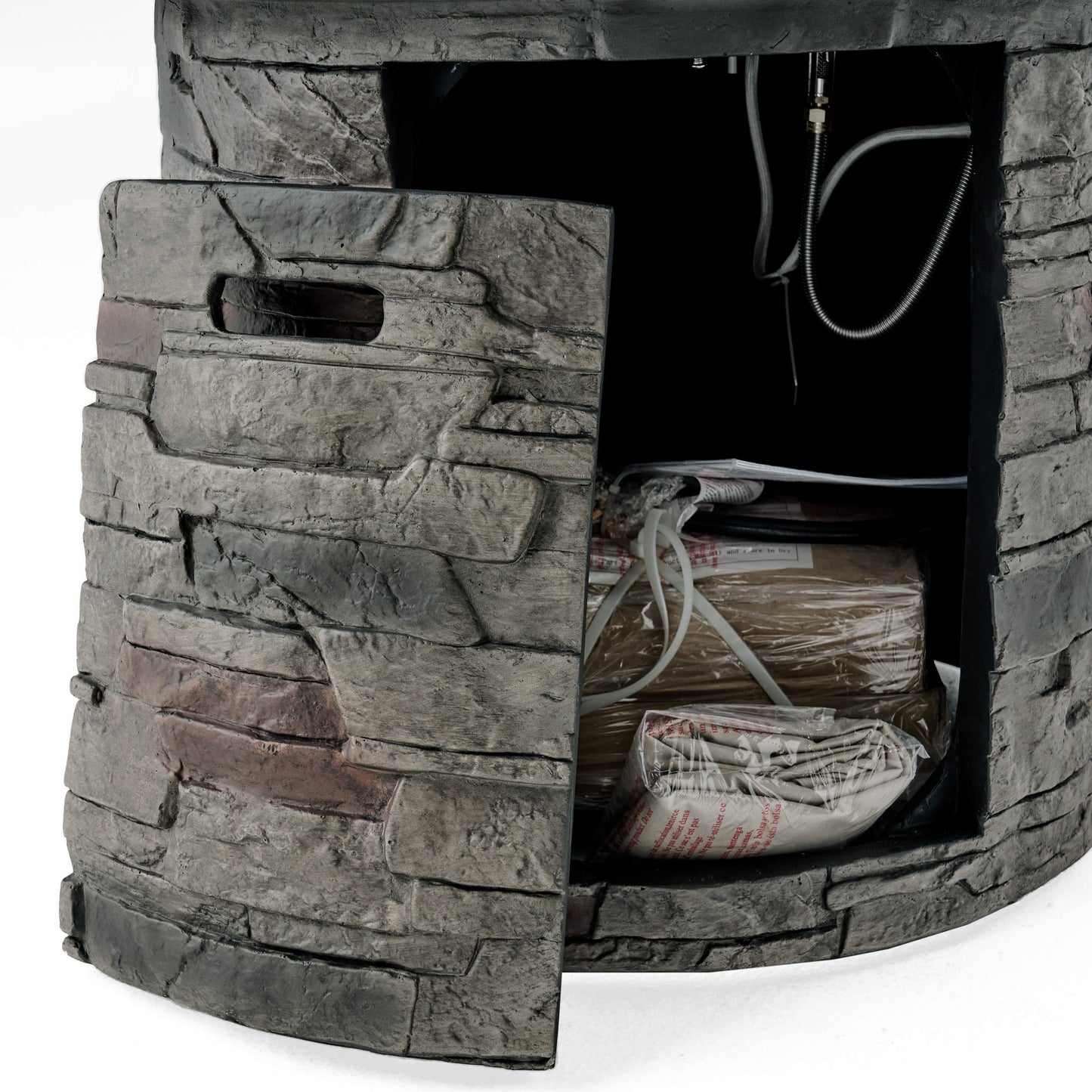 Transitional Outdoor 32 Inch Round MGO Propane Fire Pit Table, Stone Gray