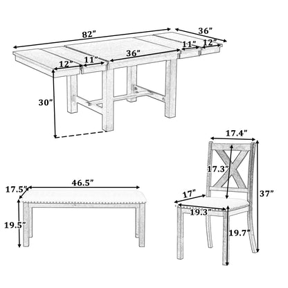 Farmhouse 82inch 6-Piece Extendable Dining Table with Footrest, 4 Upholstered