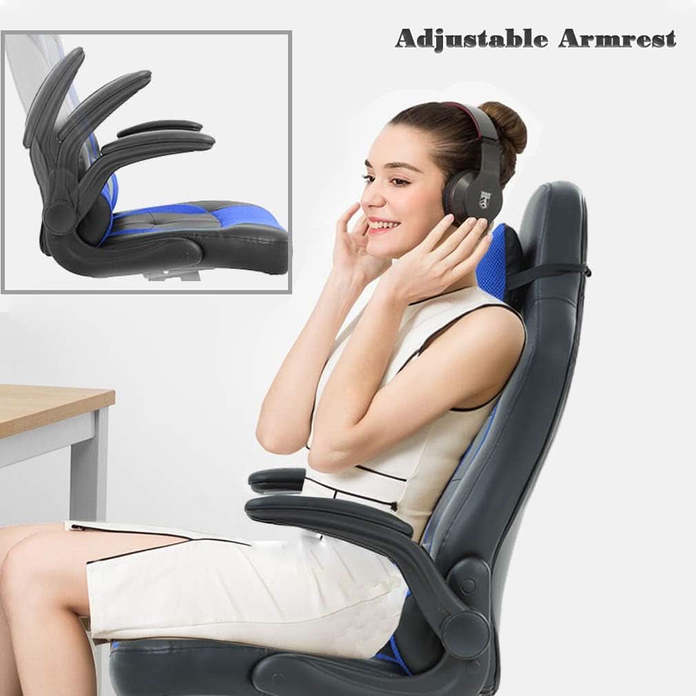 Blue PU Leather Ergonomic Gaming Chair With Lumbar Support