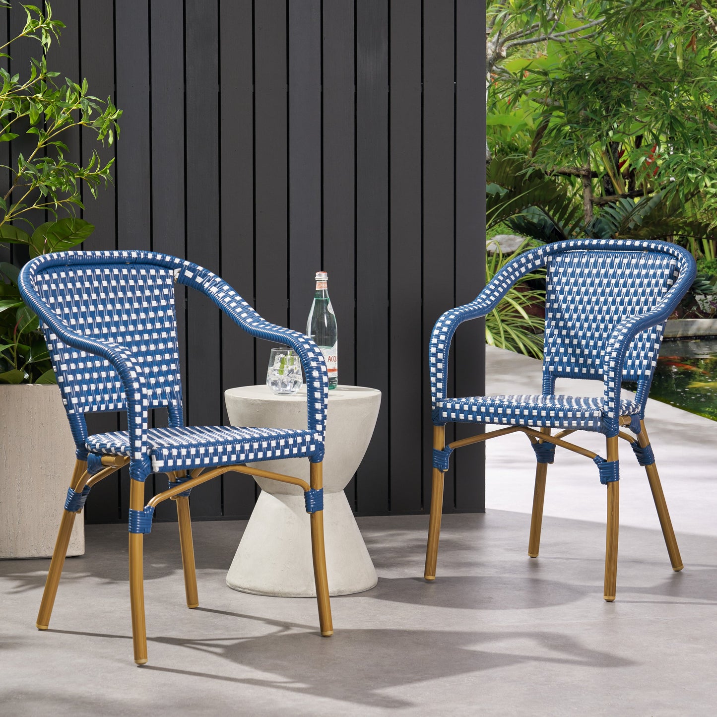Outdoor Bistro Chair Set of 2, Rattan Wicker Aluminum Frame, White and Navy