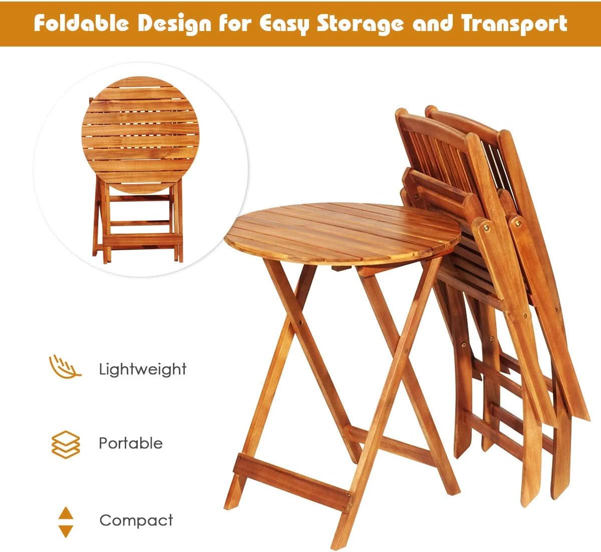 Patio Bistro Set With Wood Table And Navy Cushioned Chairs