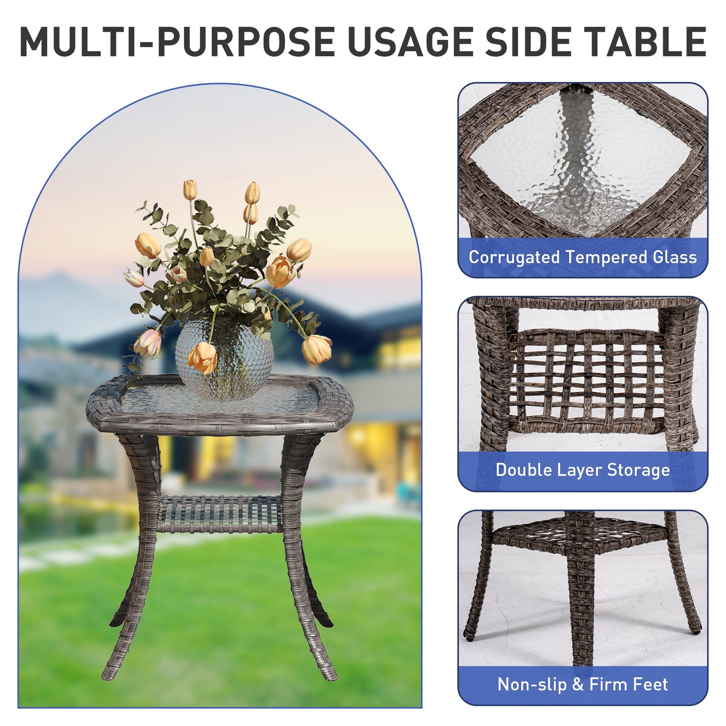 Outdoor Patio Set PE Rattan Swivel Chairs Gray Blue Footstools