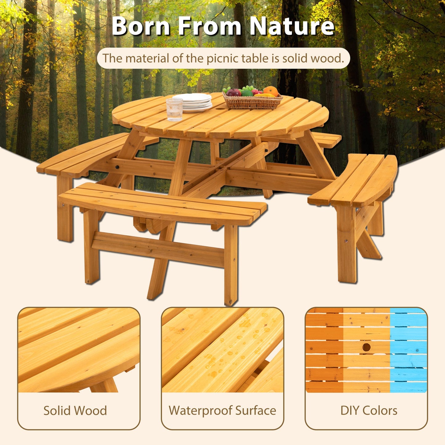 Outdoor Picnic Table Round Fir Wood 8-Person 43 In Umbrella Hole