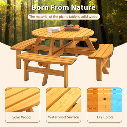 Outdoor Picnic Table Round Fir Wood 8-Person 43 In Umbrella Hole