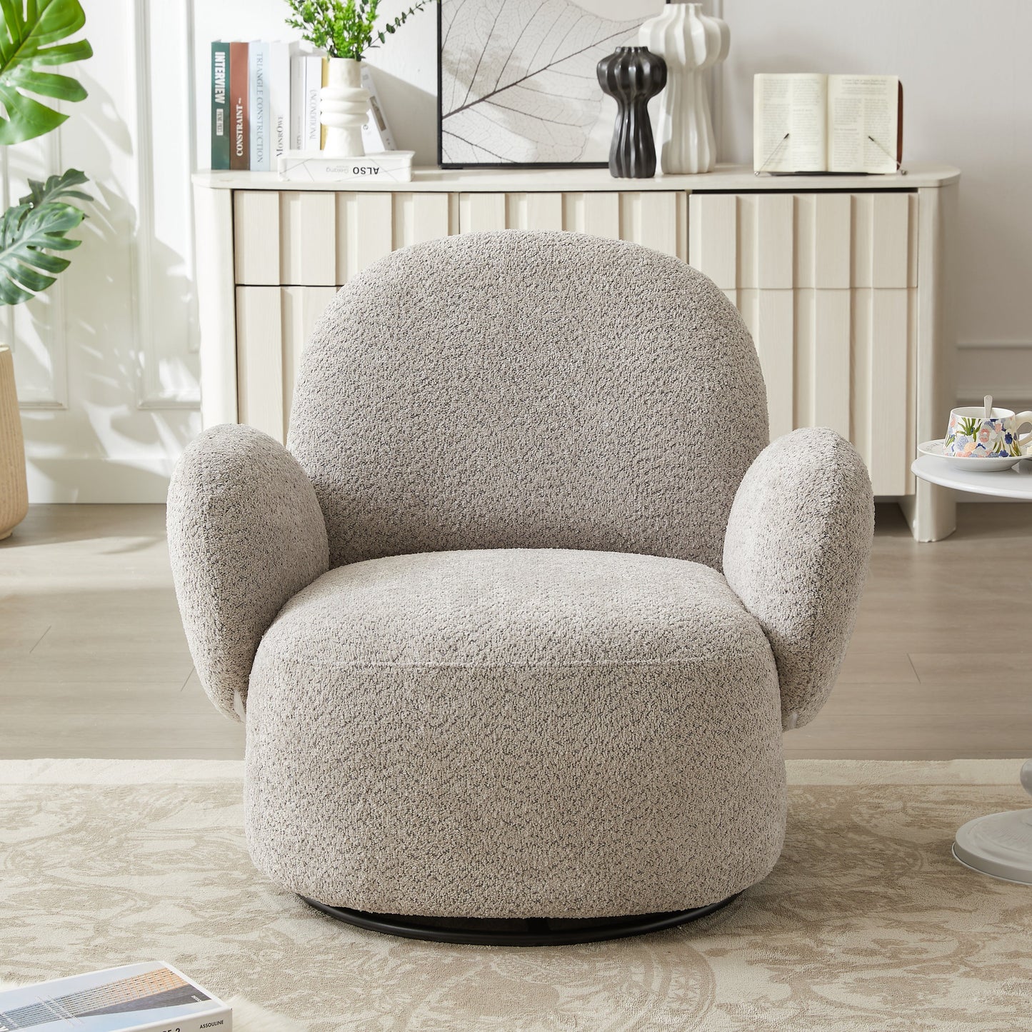 Accent Chair Swivel 360 Degree Fabric Gray Metal Frame 35x35x32 In