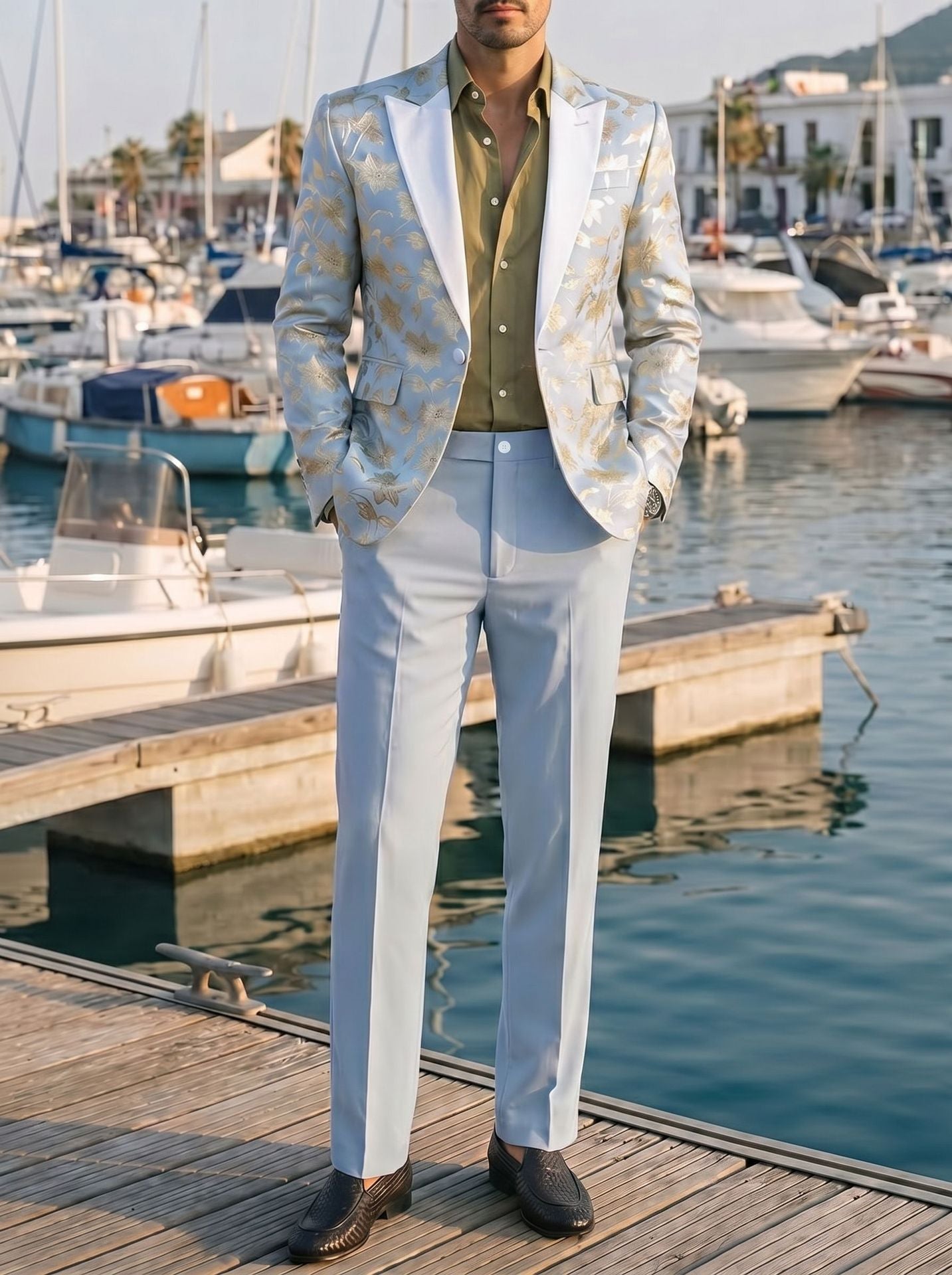 Mens Banquet Dress Gold-Embossed Suit Set
