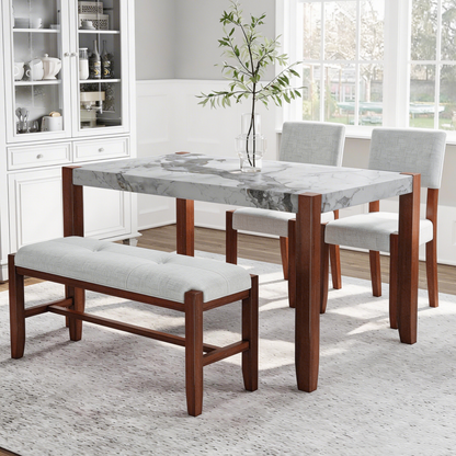 4-Piece Dining Set, 1 Marble-Look Table with 2 Upholstered Chairs and 1 Bench