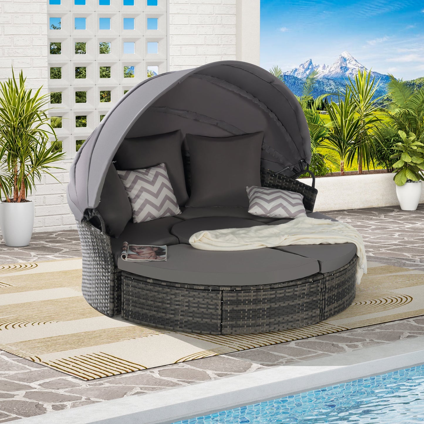 Chaise Lounge PE Rattan Canopy 380lb Capacity