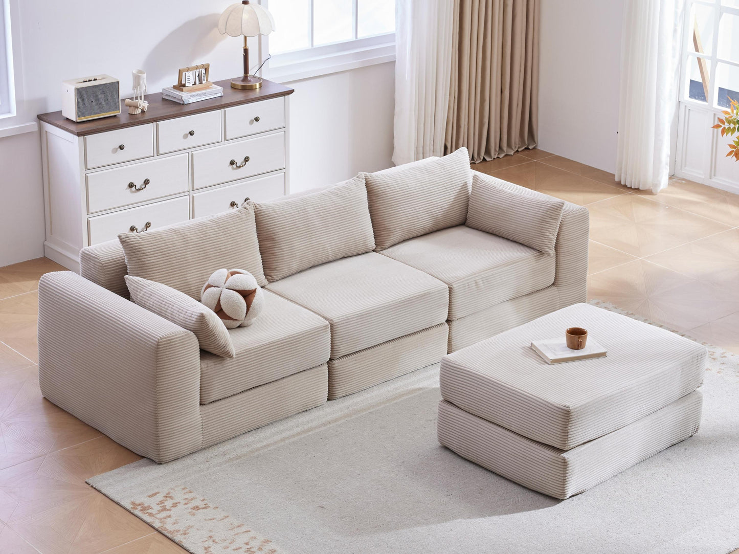 Sectional Sofa L-Shape Fabric Camel 4 Seat 100 In 5 Pillows No Assembly