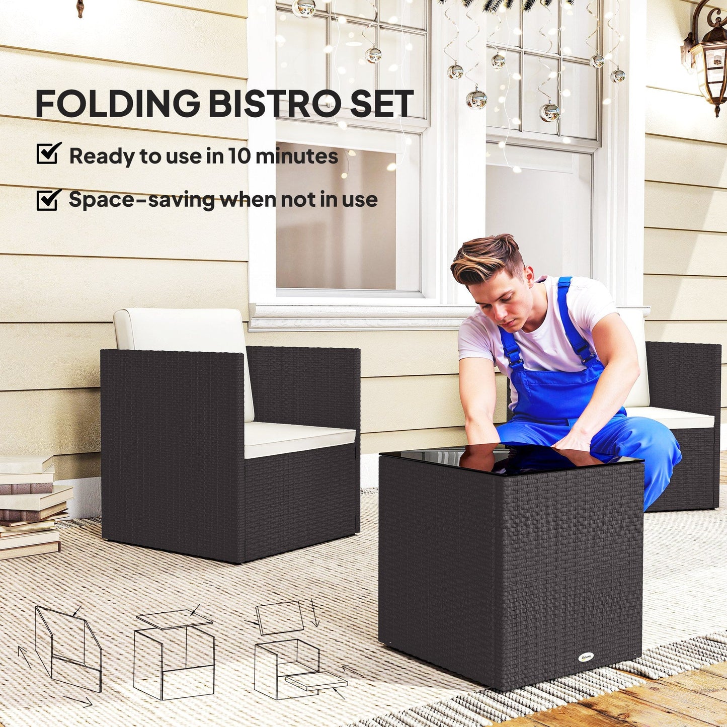 Outdoor Bistro Set PE Rattan Brown Folding 3 Piece Tempered Glass Table
