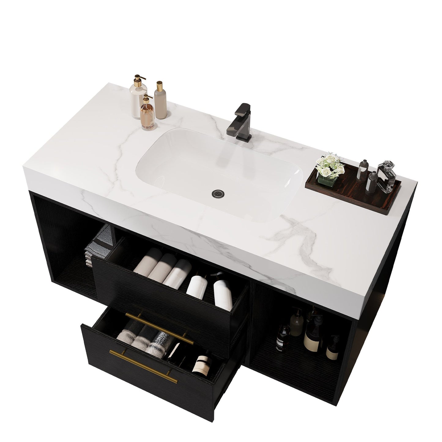 39.4' Floating Bathroom Vanity with Ceramic Sink, 2 Drawers and 2 Open Shelves