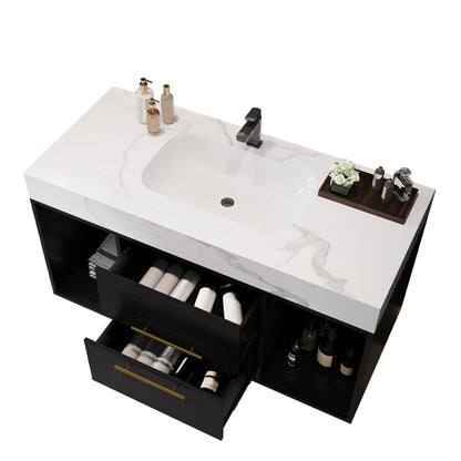 39.4' Floating Bathroom Vanity with Ceramic Sink, 2 Drawers and 2 Open Shelves