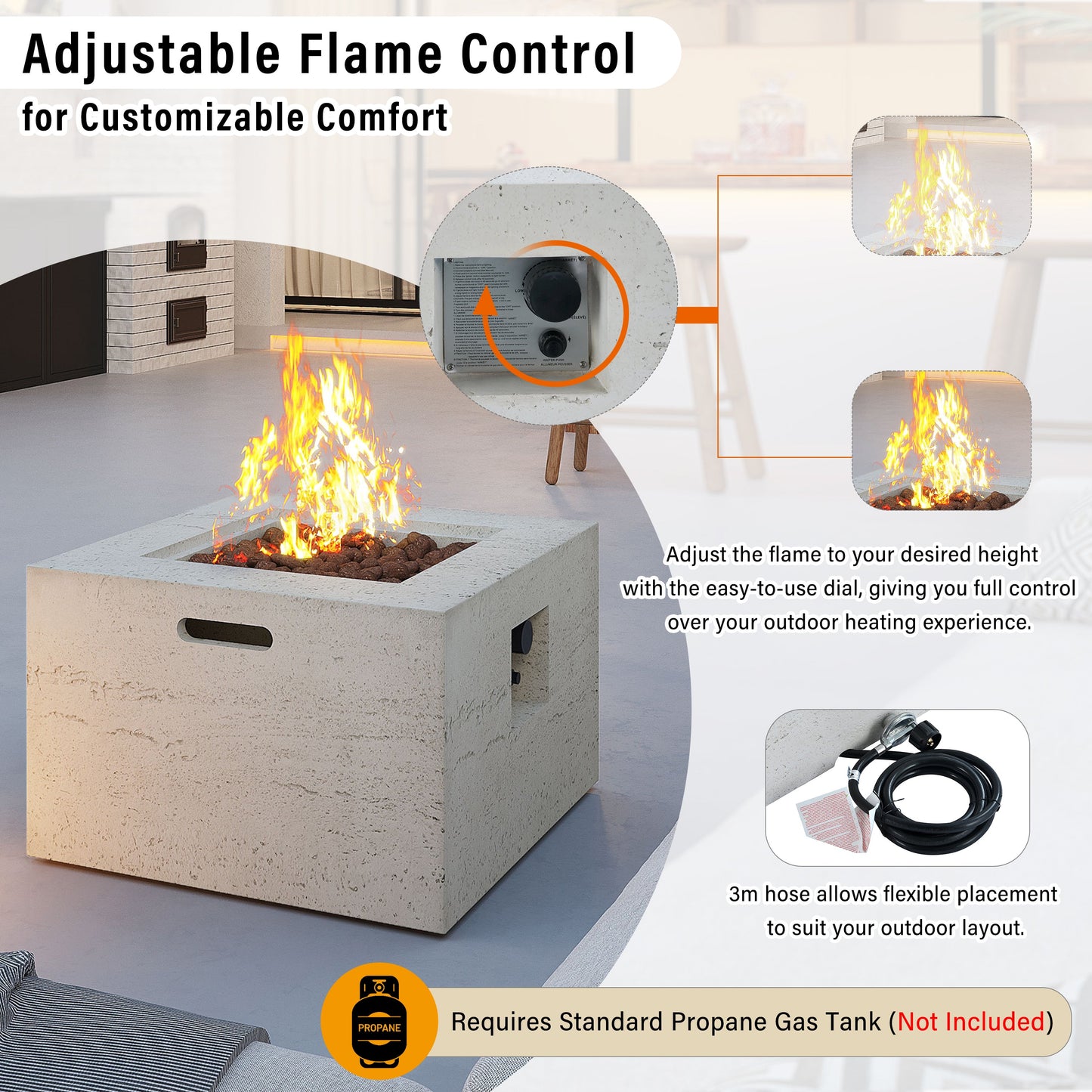 Propane Fire Pit Square MGO 40000 BTU 24" with Side Table Cover