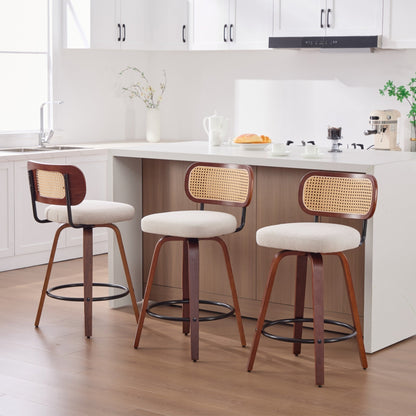 26-Inch Counter Height Bar Stools Set of 3, Walnut Black Cane Rattan Back, Beige