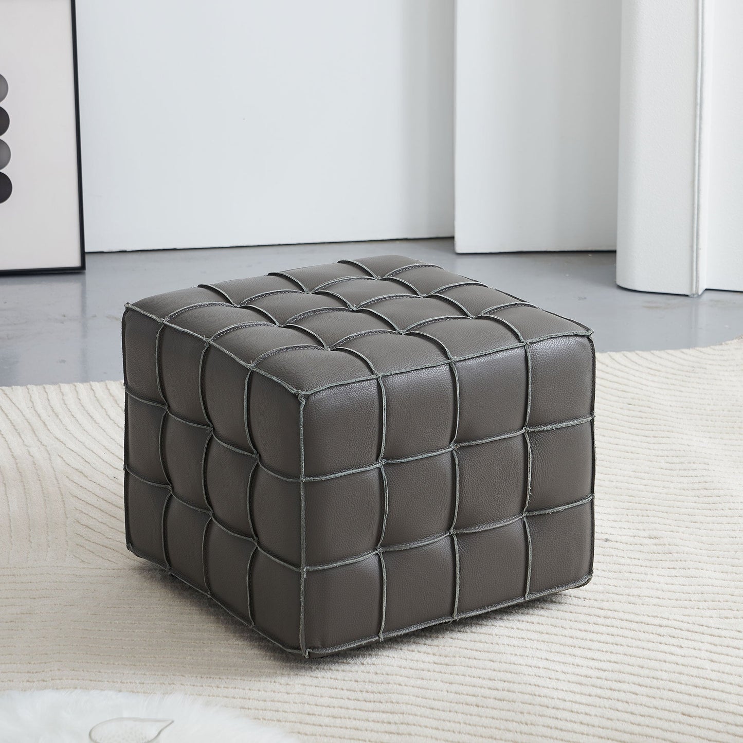17.32 Inch Quality Leather Tufted Square Ottoman Footstool, Grey