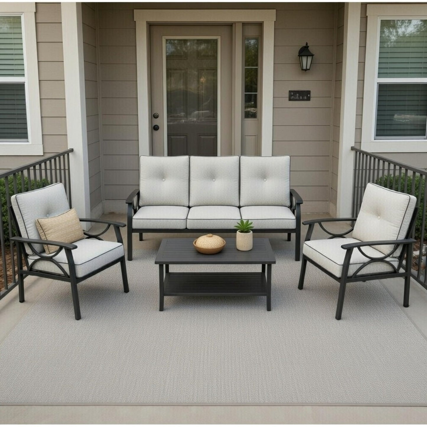 Outdoor Patio Set Metal Black Gray Cushion 4 Piece Seats 5