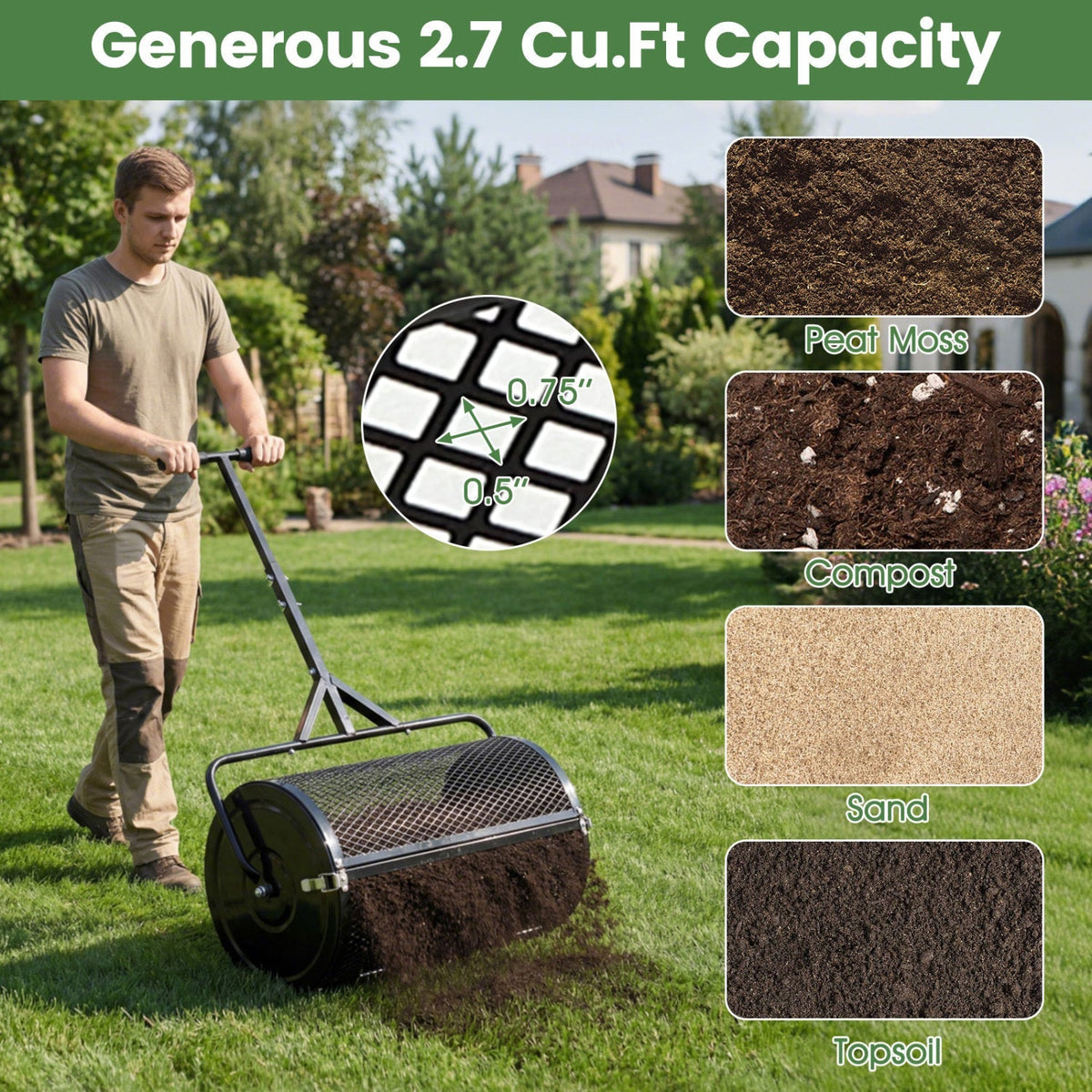 24 Inch Compost Spreader Peat Moss Spreader Roller with Height-Adjustable T-Shaped Handle
