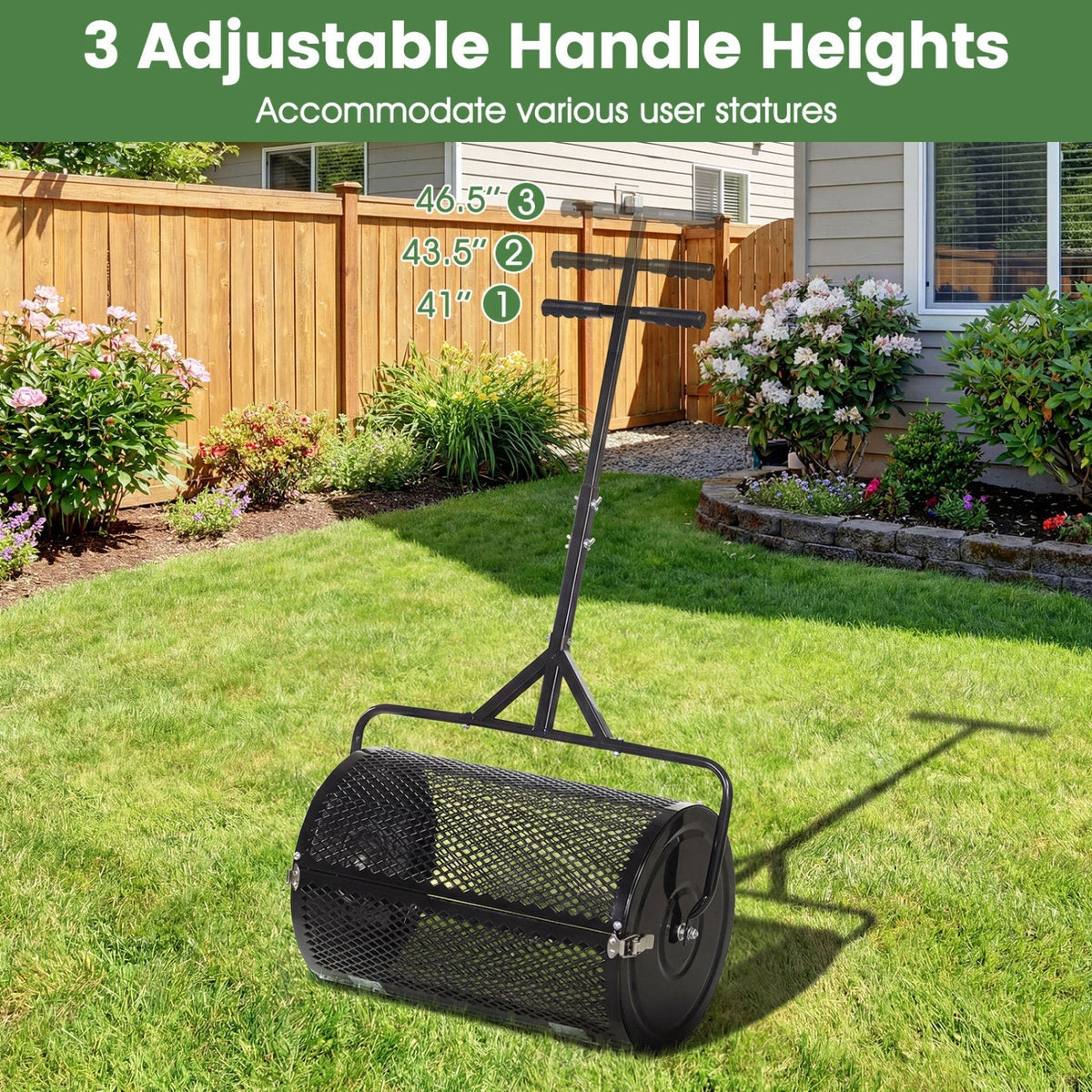 24 Inch Compost Spreader Peat Moss Spreader Roller with Height-Adjustable T-Shaped Handle