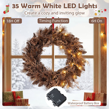 24 Inch Pre-lit Christmas Wreath with 105 Branch Tips and 35 Warm White LED Lights