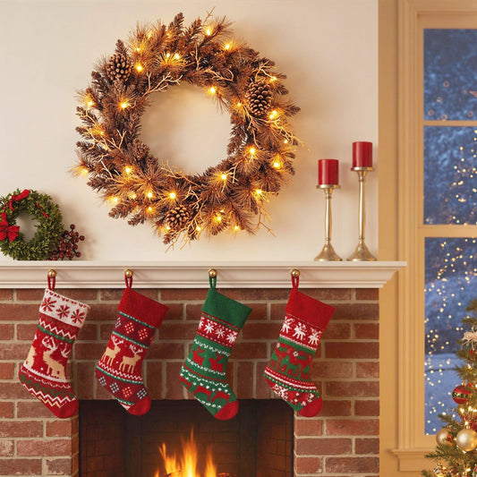 24 Inch Pre-lit Christmas Wreath with 105 Branch Tips and 35 Warm White LED Lights
